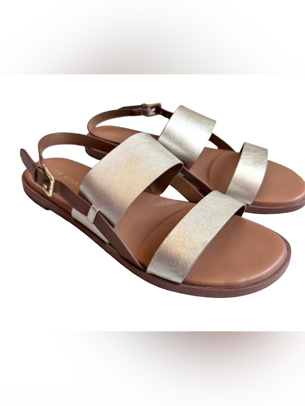 Cole Haan Flynn Flat Sandals Soft Gold Leather Honey Footbed Slingback Women's 7